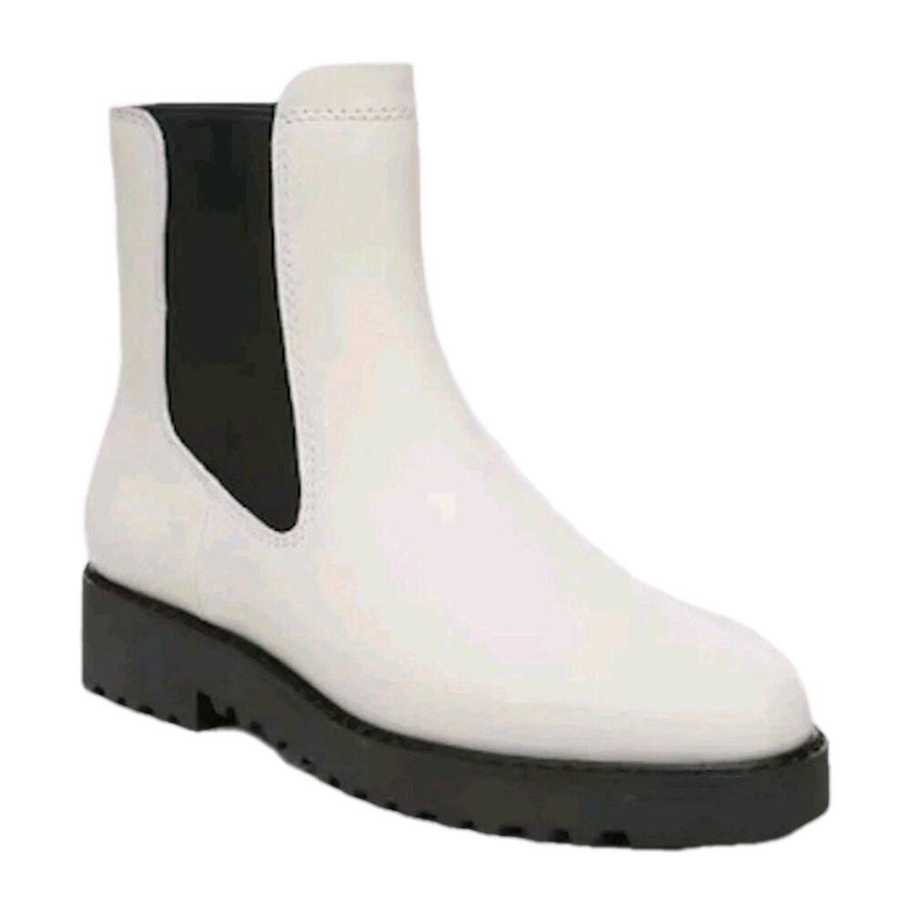 Franco Sarto White Carian Chelsea Boots Women 8 Leather Lug Sole Side Zip Combat